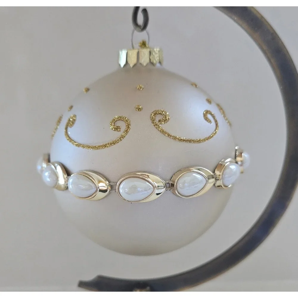 New Kurt Adler Cream Glass Ball Christmas Ornament Gold Faux Pearl Belt